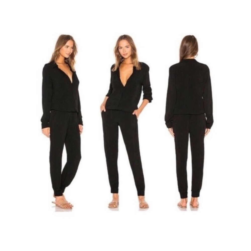 Black Long‎ Sleeve Button Up Jogger Jumpsuit Collared V-Neck Romper